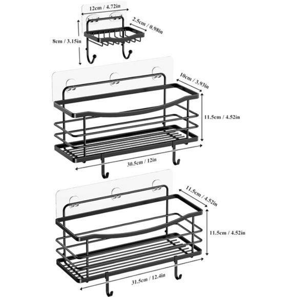 Adhesive Shower Caddy Basket Shelf with 4 Hooks for Shampoo Soap Dish Holder - Picture 6 of 7